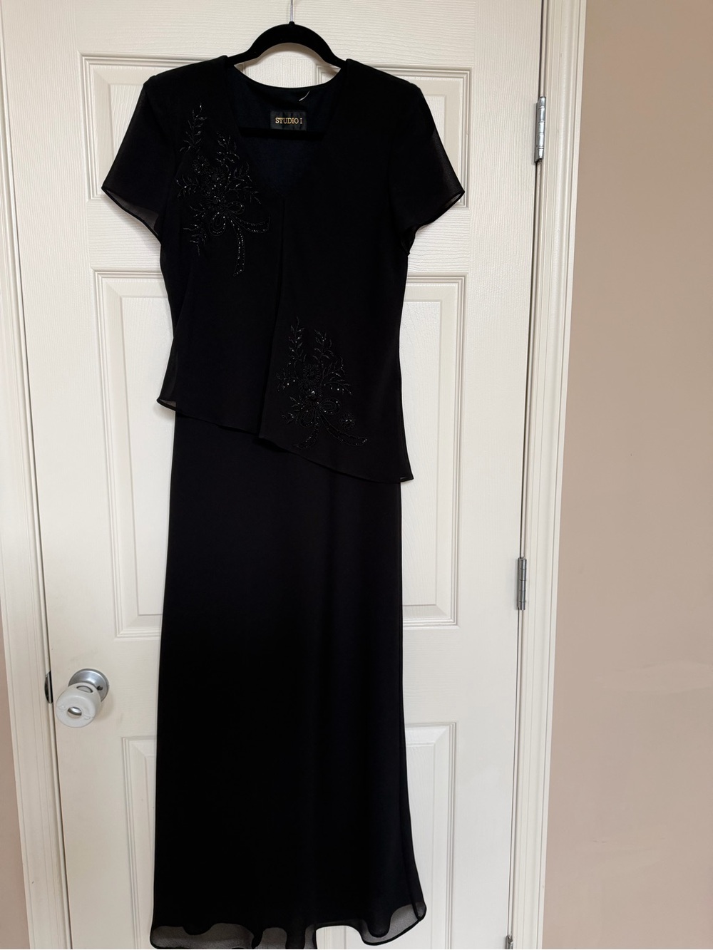 Studio I Black Maxi Skirt Set with Beaded Floral Accents